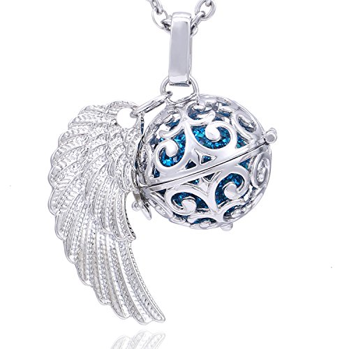 Morella Collar ángel de la Guarda de Acero Inoxidable 70 cm con Colgante alas de ángel y Bola de resonancia de Color Azul Ø 16 mm para Damas en Bolsa para Joyas