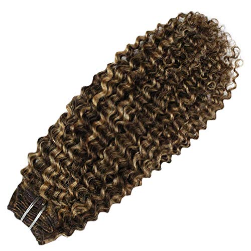 Moresoo 20 pulgadas Pelo Natural Humano Castaño Claro #4 Highlighted con #27 Rubia Caramelo Kinky Curly Pelo Humano Ondulado Pelo Indio Extensiones 100G 7PCS