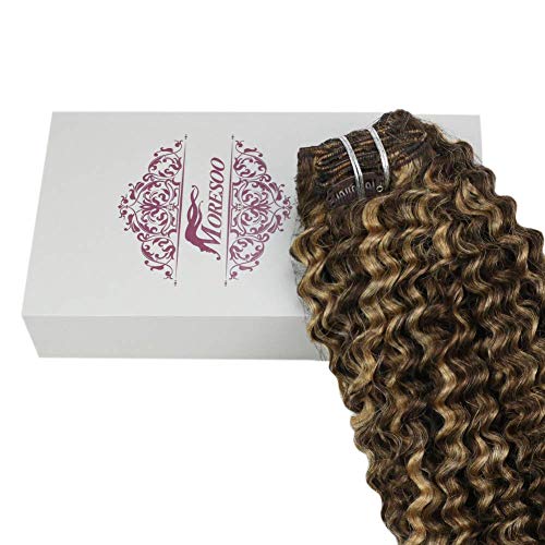 Moresoo 20 pulgadas Pelo Natural Humano Castaño Claro #4 Highlighted con #27 Rubia Caramelo Kinky Curly Pelo Humano Ondulado Pelo Indio Extensiones 100G 7PCS