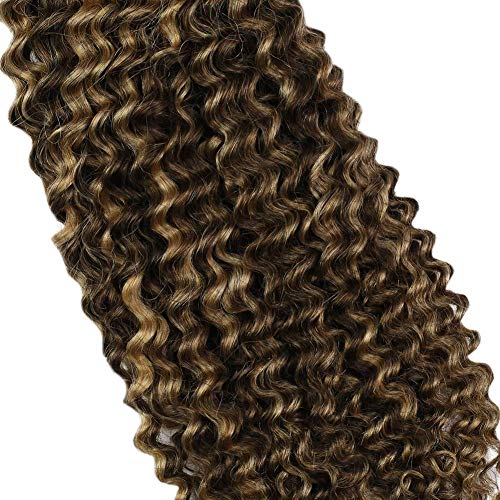 Moresoo 20 pulgadas Pelo Natural Humano Castaño Claro #4 Highlighted con #27 Rubia Caramelo Kinky Curly Pelo Humano Ondulado Pelo Indio Extensiones 100G 7PCS