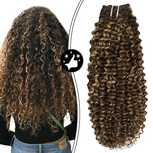 Moresoo 20 pulgadas Pelo Natural Humano Castaño Claro #4 Highlighted con #27 Rubia Caramelo Kinky Curly Pelo Humano Ondulado Pelo Indio Extensiones 100G 7PCS