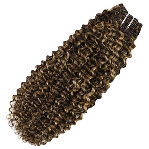 Moresoo 20 pulgadas Pelo Natural Humano Castaño Claro #4 Highlighted con #27 Rubia Caramelo Kinky Curly Pelo Humano Ondulado Pelo Indio Extensiones 100G 7PCS