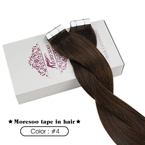 Moresoo 20Pulgadas/50cm Skin Weft Tape in Extensiones de Cabello Humano Brasileño Remy #4 Marrón Medio Extensiones Cinta Adhesiva de Pelo Natural 50g/20pcs