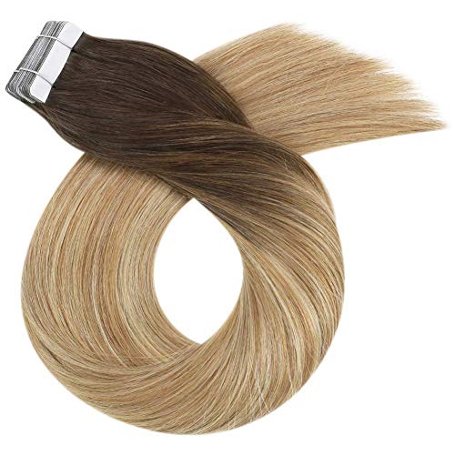 Moresoo 24 Pulgadas/60cm Remy Pelo Humano Tape In Extensiones de Cabello Sin Costuras de Trama 20pcs/50gram Color #4 Brown to #6 and #24 Light Blonde