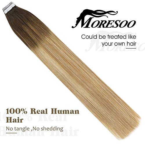 Moresoo 24 Pulgadas/60cm Remy Pelo Humano Tape In Extensiones de Cabello Sin Costuras de Trama 20pcs/50gram Color #4 Brown to #6 and #24 Light Blonde