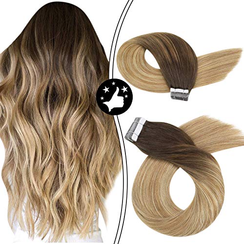 Moresoo 24 Pulgadas/60cm Remy Pelo Humano Tape In Extensiones de Cabello Sin Costuras de Trama 20pcs/50gram Color #4 Brown to #6 and #24 Light Blonde