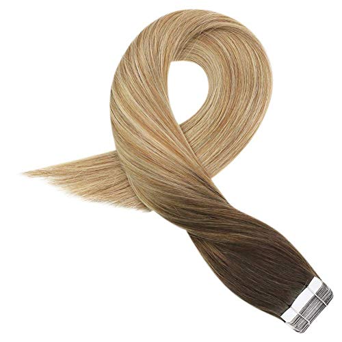 Moresoo 24 Pulgadas/60cm Remy Pelo Humano Tape In Extensiones de Cabello Sin Costuras de Trama 20pcs/50gram Color #4 Brown to #6 and #24 Light Blonde