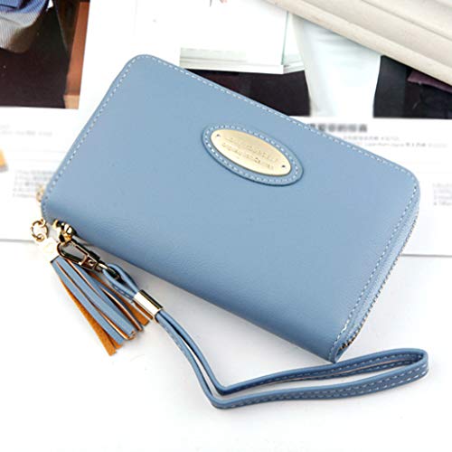 morran de Las Nuevas Mujeres Carpeta Larga de la Borla de la Cartera con Cremallera Bolsa de Color sólido Monedero (Azul Claro)