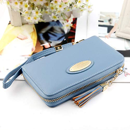 morran de Las Nuevas Mujeres Carpeta Larga de la Borla de la Cartera con Cremallera Bolsa de Color sólido Monedero (Azul Claro)