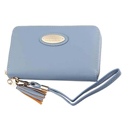 morran de Las Nuevas Mujeres Carpeta Larga de la Borla de la Cartera con Cremallera Bolsa de Color sólido Monedero (Azul Claro)