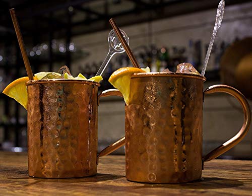 Moscow Mule - Juego de 2 tazas de cobre macizo hechas a mano para cóctel de mola de Moscú - 16 onzas - Vaso de chupito incluido - Juego de regalo (recto)