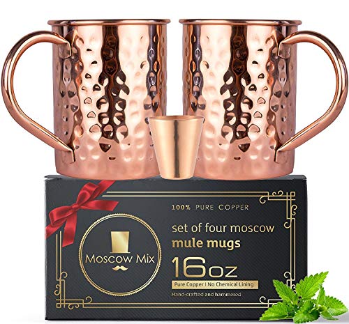 Moscow Mule - Juego de 2 tazas de cobre macizo hechas a mano para cóctel de mola de Moscú - 16 onzas - Vaso de chupito incluido - Juego de regalo (recto)