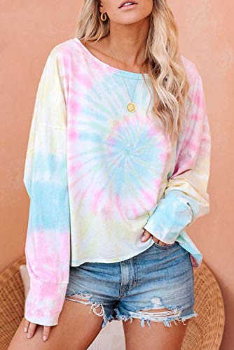 Mosucoirl Mujeres Tie Dye Tops Sudadera Moda Cuello Redondo Casual Manga Larga Top Camisetas Acogedor pulóver de Gran tamaño Blusa Suelta (Vistoso, XXL)