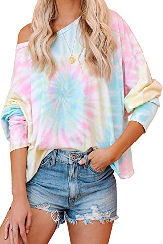 Mosucoirl Mujeres Tie Dye Tops Sudadera Moda Cuello Redondo Casual Manga Larga Top Camisetas Acogedor pulóver de Gran tamaño Blusa Suelta (Vistoso, XXL)