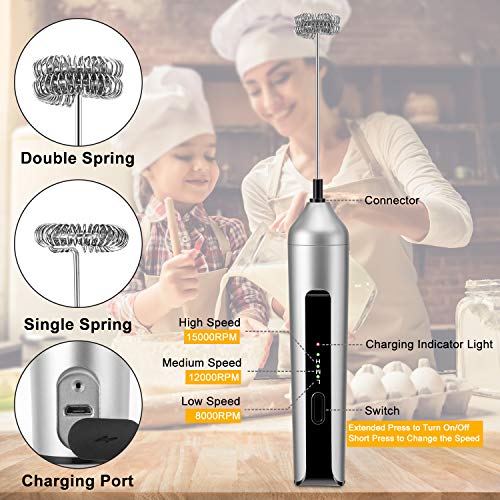 MOSUO Espumador de Leche Eléctrico, USB Recargable Batidor de leche de Acero Inoxidable con Cabezal Doble/Simple y Batidor de Globo, Mini Batidora para Café Capuchino Huevos