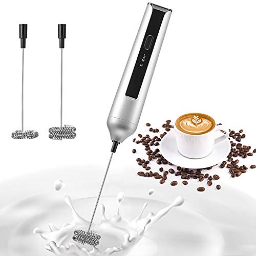 MOSUO Espumador de Leche Eléctrico, USB Recargable Batidor de leche de Acero Inoxidable con Cabezal Doble/Simple y Batidor de Globo, Mini Batidora para Café Capuchino Huevos