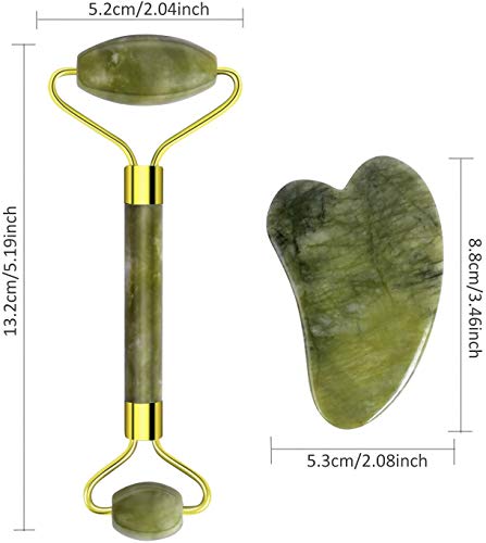 MOULLY Rodillo De Jade, Facial Masaje Piedra Gua Sha Jade, Jade Roller Facial, Masajeador Roller Tools Anti Aging, Jade Roller Facial, Gua Sha para Cara, Cuerpo, Ojos, Cuello (2pcs)