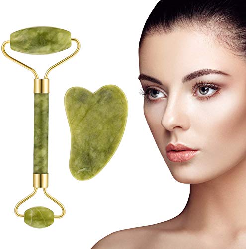 MOULLY Rodillo De Jade, Facial Masaje Piedra Gua Sha Jade, Jade Roller Facial, Masajeador Roller Tools Anti Aging, Jade Roller Facial, Gua Sha para Cara, Cuerpo, Ojos, Cuello (2pcs)