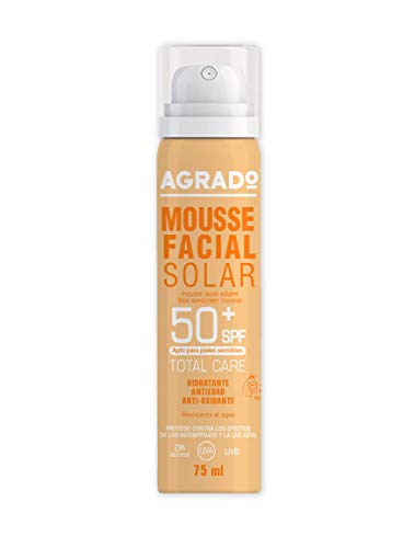 Mousse Facial Protector Solar Hidratante 50 SPF Protección UVA UVB Infrarrojos Resistente al agua Pieles sensibles Antiedad Invisible 75 ml - Agrado