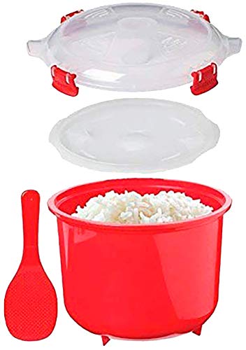 MovilCom® - Olla de Vapor para Arroz | Olla para microondas | Vaporera cocción rápida 2,6L Pollo arroz cous cous, Quinoa | Color Rojo
