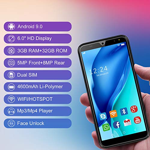 Moviles Libres 4G, Android 9.0 3GB RAM 32GB ROM Telefono Moviles 6.0" FHD, Smartphone Libre Dual SIM 4600mAh Cámara 8MP 5MP Face ID Móviles y Smartphone Libres (Azul)