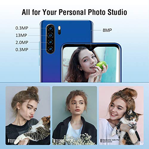 Móviles Libres 4G, Blackview A80 Pro Smartphone Libre con Cámara Trasera Cuádruple 13MP, 6.49" HD+ Water-Drop Screen, 4GB+64GB, Batería 4680mAh, Octa-Core, Helio P25 Teléfono Móvil, Face ID/GPS-Azul
