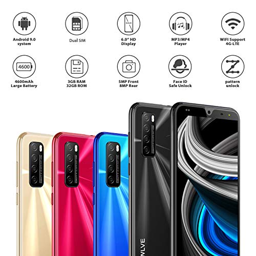 Moviles Libres 4G,6.0Pulgadas 3GB RAM 32GB ROM / 64GB Smartphone Libre Android 9.0 Face ID teléfonos móviles gratuitos, 8MP 4600mAh,Dual SIM Quad Core Moviles Buenos (Negro)