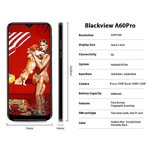 Moviles Libres, Blackview A60 Pro Smartphone 4G de Pantalla 6.1" (19.2:9) Water-Drop Screen, Teléfono 3GB+16GB (SD 256GB), 8MP+2MP+5MP, Batería 4080mAh Teléfono Móvil, Android 9.0, Face ID/GPS-Negro