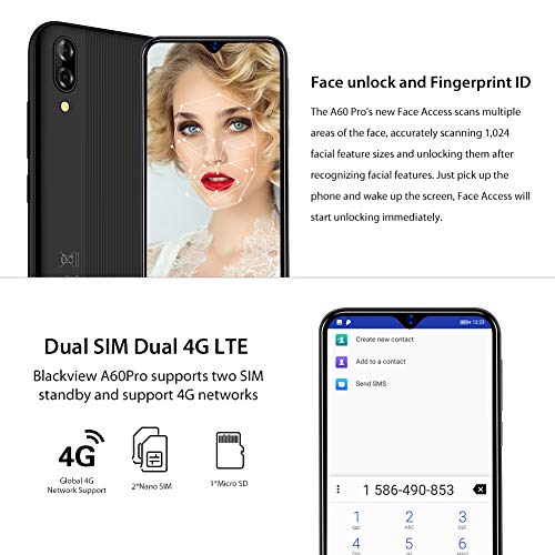 Moviles Libres, Blackview A60 Pro Smartphone 4G de Pantalla 6.1" (19.2:9) Water-Drop Screen, Teléfono 3GB+16GB (SD 256GB), 8MP+2MP+5MP, Batería 4080mAh Teléfono Móvil, Android 9.0, Face ID/GPS-Negro
