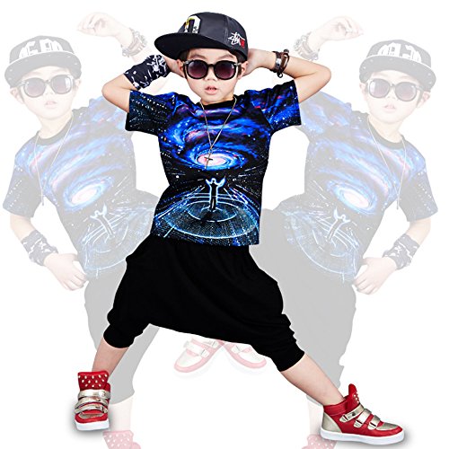 Moyuqi™ Ropa de Verano de Hip Hop para niños Set Niños Chica Jazz Dance Disfraces para niños O-Cuello de Manga Corta Traje de Ropa (120cm)