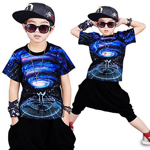 Moyuqi™ Ropa de Verano de Hip Hop para niños Set Niños Chica Jazz Dance Disfraces para niños O-Cuello de Manga Corta Traje de Ropa (120cm)