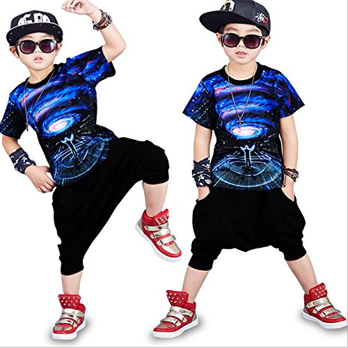 Moyuqi™ Ropa de Verano de Hip Hop para niños Set Niños Chica Jazz Dance Disfraces para niños O-Cuello de Manga Corta Traje de Ropa (120cm)