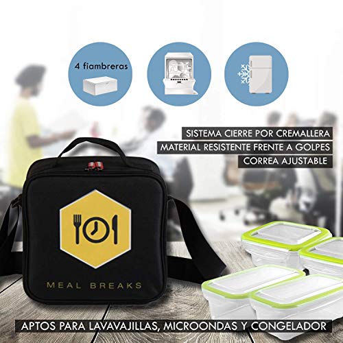 MOZKITA Bolsa termica Porta Alimentos + 4 fiambreras herméticas para microondas + Cubiertos 3 litros Capacidad Resistente Bandolera Asa Ajustable Fácil Transporte