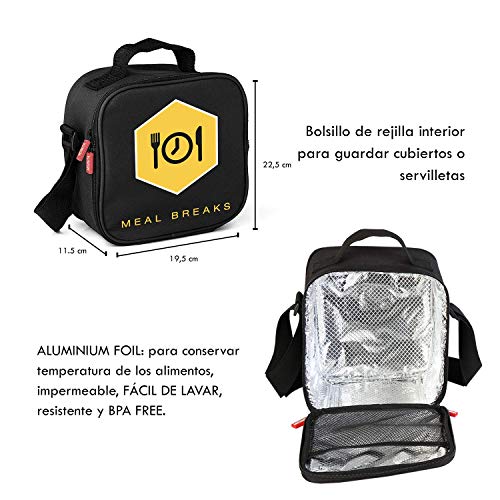 MOZKITA Bolsa termica Porta Alimentos + 4 fiambreras herméticas para microondas + Cubiertos 3 litros Capacidad Resistente Bandolera Asa Ajustable Fácil Transporte
