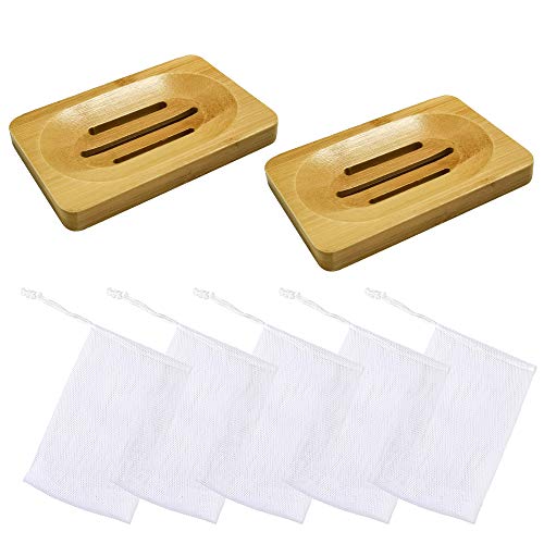 mreechan Jabonera,2 Piezas Jabonera de Madera Natural bambú Bandeja de jabón para Ducha de baño Fregadero para jabón,5 Piezas Bolsa de Jabón,Jabonera para Cocina Baño Esponja Jabon Depurador