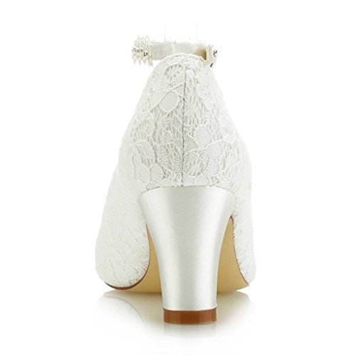 Mrs Right 62311A De Las Mujeres Zapatos de Novia Dedo del pie Cerrado Talón Grueso Cordón Bombas de satén Zapatos de Boda de Flores Color Marfil,Tamaño 41