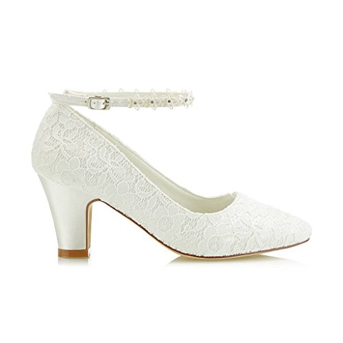 Mrs Right 62311A De Las Mujeres Zapatos de Novia Dedo del pie Cerrado Talón Grueso Cordón Bombas de satén Zapatos de Boda de Flores Color Marfil,Tamaño 41