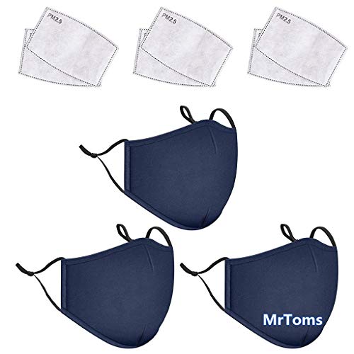 MrToms 3PC Face Cover con 6PC Filtro, Algodón de Reutilizable y Lavable, Antipolvo Transpirable Protección de Adulto Mujer y Hombres (Azul)