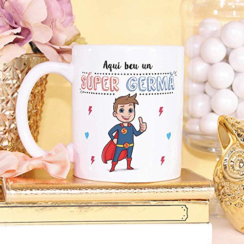 MUGFFINS Taza Hermano (En Catalán) -"Aquí beu un Súper Germà" - Taza Desayuno/Idea Regalo Cumpleaños para Hermanitos. Cerámica 350 mL