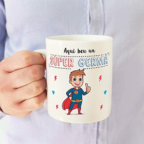 MUGFFINS Taza Hermano (En Catalán) -"Aquí beu un Súper Germà" - Taza Desayuno/Idea Regalo Cumpleaños para Hermanitos. Cerámica 350 mL