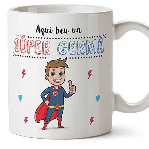 MUGFFINS Taza Hermano (En Catalán) -"Aquí beu un Súper Germà" - Taza Desayuno/Idea Regalo Cumpleaños para Hermanitos. Cerámica 350 mL
