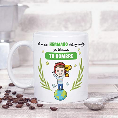 MUGFFINS Taza Hermano (Personalizable con Nombre) - El Mejor Hermano del Mundo - Taza Desayuno Personalizada/Idea Regalo Original/Cumpleaños de Hermanitos. Cerámica 350 mL
