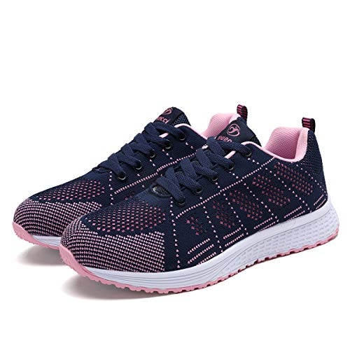 Mujer Entrenador Zapatos Gimnasio Deportes atléticos Zapatillas de Deporte Malla Informal Zapatos para Caminar Encaje Plano Azul EU 35