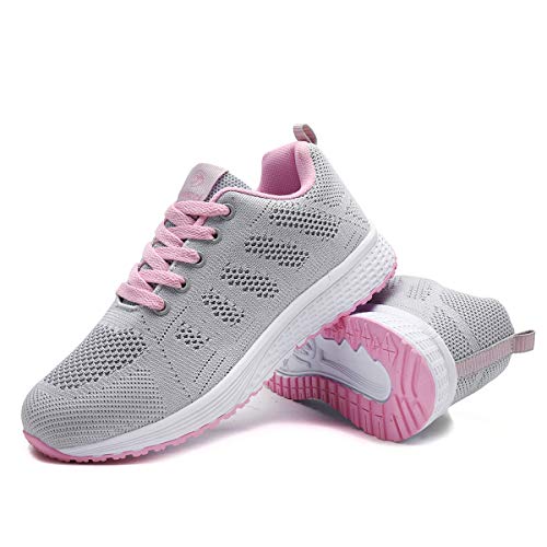 Mujer Entrenador Zapatos Gimnasio Deportes atléticos Zapatillas de Deporte Malla Informal Zapatos para Caminar Encaje Plano Rosa EU 35