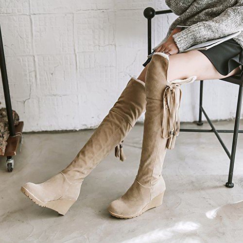 Mujer Rodilla Botas Altas Otoño Invierno Casual Cordones Cuña Cómodo Cálidas Botas largas De BIGTREE Beige 40 EU