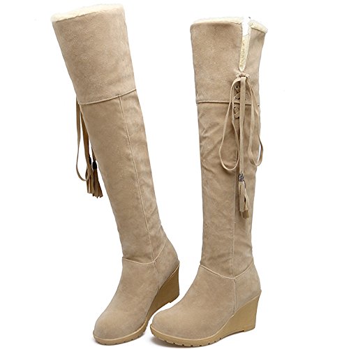 Mujer Rodilla Botas Altas Otoño Invierno Casual Cordones Cuña Cómodo Cálidas Botas largas De BIGTREE Beige 40 EU