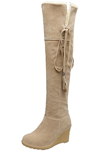 Mujer Rodilla Botas Altas Otoño Invierno Casual Cordones Cuña Cómodo Cálidas Botas largas De BIGTREE Beige 40 EU