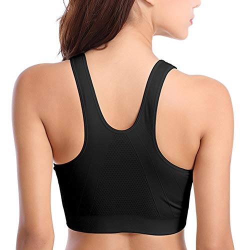 Mujer Sujetador Deportivo Yoga Tirantes Anchos Cremallera Delantera con Relleno Sujetadores Negro XL