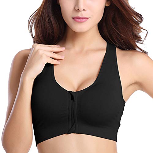 Mujer Sujetador Deportivo Yoga Tirantes Anchos Cremallera Delantera con Relleno Sujetadores Negro XL