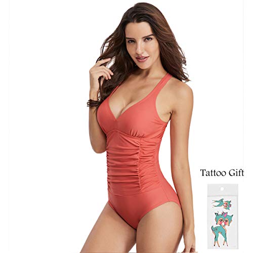 Mujer Trajes de Baño Una Pieza V-Cuello Push-up Monokini Push-up Acolchado Adelgazante Bikini(Coral L)